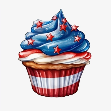 4th of July Patriotic Clip art of 4th of july patriotic cupcake, red, white & blue Full body realistic cartoon in 32K UHD cute, 8k with realistic watercolors and detailed illustrations. PNG clipart, Sublimation graphics, transparent white background for removing background - - no text shadow font watermark