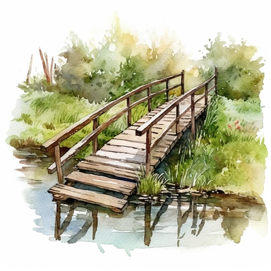watercolour, wooden bridge over creek, summer, detailed, clipart white background