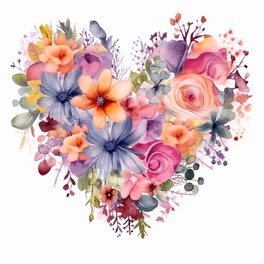 floral heart made of small flowers, lots of detailes, watercolor clipart, vibrant colors, white background