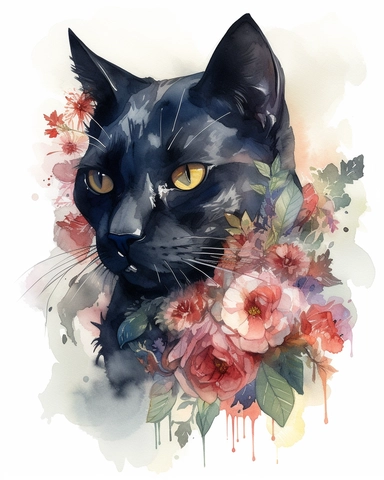 Watercolor Painting of black Bombay cat head on white background good anatomy, DETAILED ILLUSTRATION, Flora Design Patterns, Flemish Baroque by Rachel Ruysch, Behance, Rococo, Intricate Detailed, Soft Light Effect, Oil Paint Strokes, Light Academia Aesthetic Flowers, Lighting cinematic, all shown shimmering stamens, tyndall light, texture, colorful, 8k, fantasy, ray tracing, vivid, spectacular lighting, octane rendering, highly detailed, ultra - realistic, white background, clipart