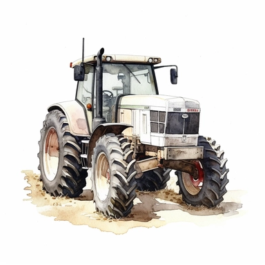 clipart, Watercolour, hand drawn, highly realistic, muted tones, beautiful, farm tractor, whole tractor, white background, just tractor nothing else