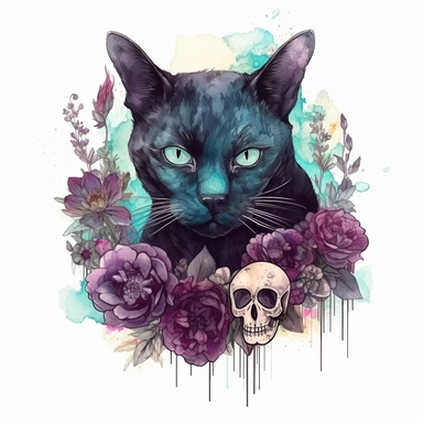 hand drawn black cat, sitting with front paw resting on a skull, flowers and crystals, shades of burgundy purple and teal, romantic and edgy, very detailed and realistic, watercolor, clipart style