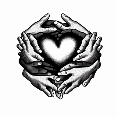 holding hand inside of a heart, multiple hands, black and white, clipart style