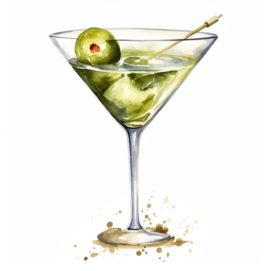 a watercolor clipart of a Dirty Martini cocktail in a martini glass on a white background, in the style of realistic watercolor paintings, realistic, detailed rendering