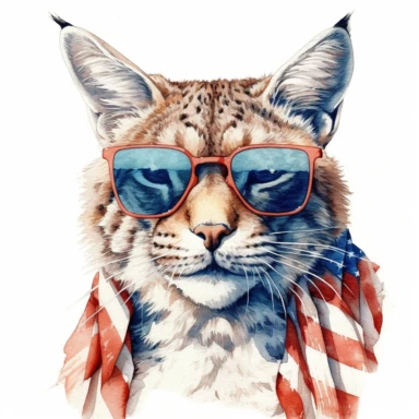 Lynx, wears American flag scarf and sunglasses, closeups shot, low angle, watercolor style, hyper-realistic animal illustrations, 2d game art, quadratura, clipart, on white background,