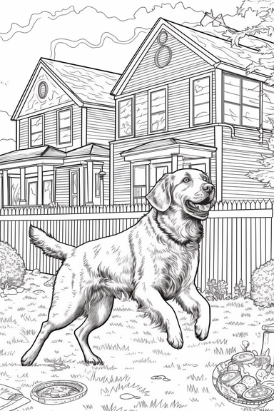 vintage line drawing style coloring page with no background of a happy beautiful dog catching a frisbee in the backyard, line art, no shading, thick strong lines, adult coloring page clipart