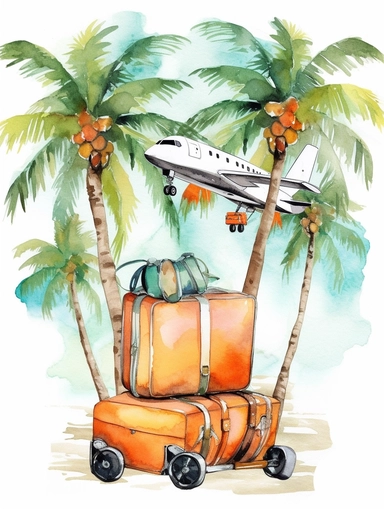 clipart, watercolor, travel luggage, coconut tree, sunglasses, airplane, map, cute colorful style on plain white background,