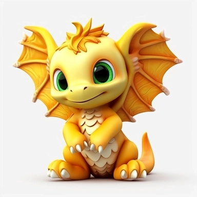 cute baby dragon with wings, yellow, clipart, 3D, toy, pure white background