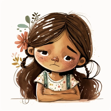 watercolor clipart, Bored girl because she has nothing to do, A 6-year-old girl with brown hair and brown eyes, illustration of children's book