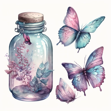 watercolor clipart of beautiful pastel blue and pink color butterflies within a transparent big old and round bottle wrapped heras, potion style