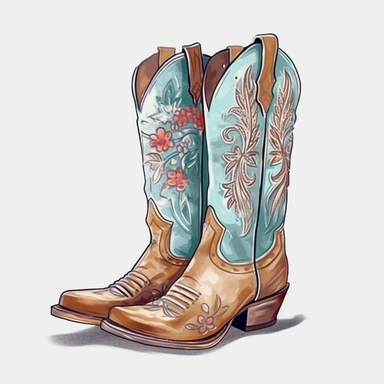 White background, Cowboy boots, clipart, Cowboy hat on shoes, pastel