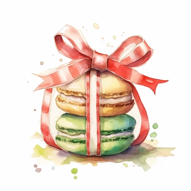 christmas macaron cookie wrapped in ribbon watercolor clipart attention to detail