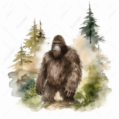 Bigfoot in a forest clipart watercolor, white background
