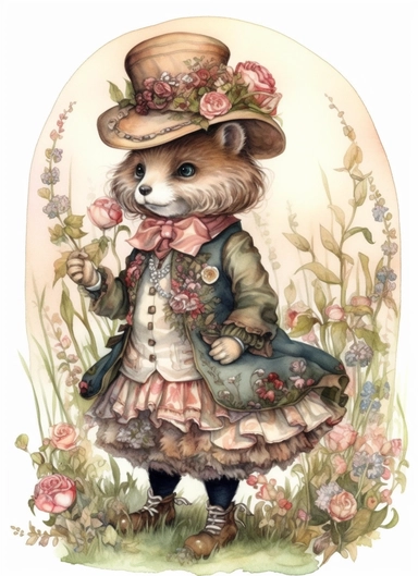 a cute hedgehog in a field wearing edwardian floral vibrant embroidered outfit , in the style of jody bergsma, 32k uhd, hand-painted details, charming character illustrations, dark brown and light beige, pink,aquarellist, hd , white background clipart