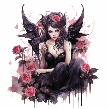 dark and evil fairy having dark roses near her, 8K, ultra details, isolated white background, clipart, hand drawn, hand drawn art, in the style of ultra-detailed watercolor hand drawn collections, HD watercolor collections, soft watercolor, inllustration, high-quality watercolor collections, hand-drawn watercolor collections, and precise watercolor collections made by a professional watercolor artist with attention to detail,