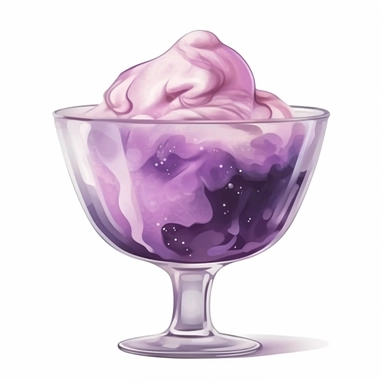 Watercolour of a purple Ice Cream in a glass bowl , Clipart,Cartoon,hyper realistic, intricate detail isolated on a white background, high quality, sublimation, detailed, cartoon style