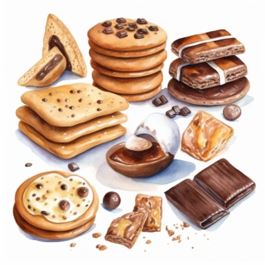 Imágenes prediseñadas de galletas de acuarela. Dulces y postres clipart. Galleta con chispas de chocolate. hand painted ilustration, white background