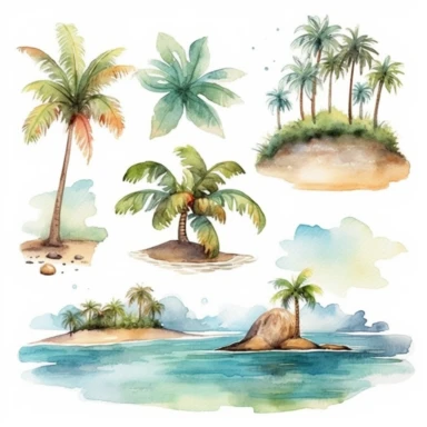 Tropical island beach clipart set isolated on white, watercolor, - - no photograph