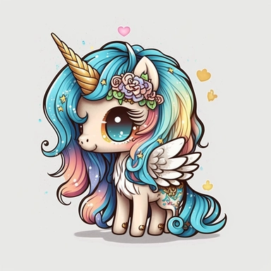cute unicorn pet, extra long hair, tiny chibi body, rainbow skin tone, blue eyes, butterfly wings, tiara, clipart, sticker, retrowave style, no background, hd