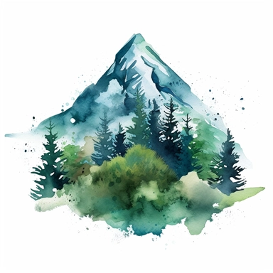 one paint mountain and tree clipart on a white background, in the style of dark green and aquamarine, dye-transfer, david nordahl, chinese watercolor, bright colors, bold shapes, nature-inspired camouflage, mist , no watermark, text, words, paintbrush, 300 DPI, typography, the images do not stick together, no text in the picture