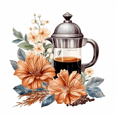 french machine cafe filter for coffee, cup of coffee, flower digital clipart on white background