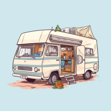 travel motorhome, outdoor lunch, pastel color, clipart