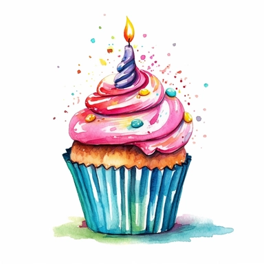 watercolored clipart Birthday cupcake with candle on top
