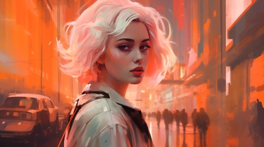 beautiful stunning pretty vintage, futuristic bladerunner style young woman, paint art style, clipart, city landscape background, superrealistic, one of a kind