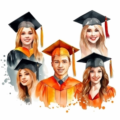 watercolor graduation ceremony related scenes, illustrations clipart set, simple, , cartoon elements ,different variants , separate elements with a margin, ,4k, high resolution
