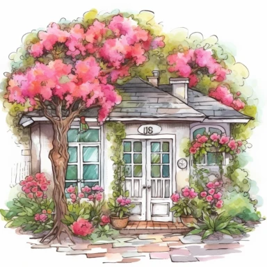Clipart, cute hand painted azalea house garden, hand drawn, texture