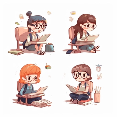 study clipart, cartoon school clipart, white background, seperated design, 8k