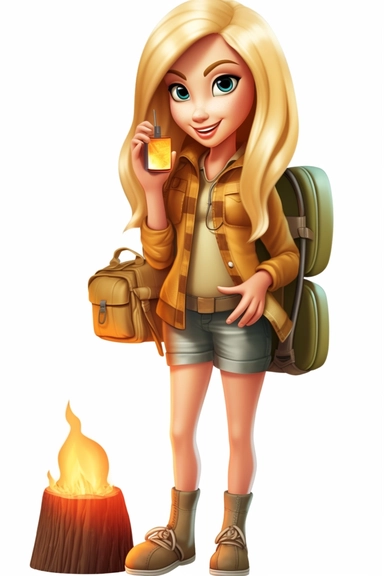 pretty mom blonde hair in a camping outfit, cartoon style, clipart, white background, transparent background
