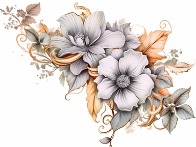 flower corner freebie floral border clipart, in the style of black and white realism, gold and gray, uhd image, tattoo, monochromatic paintings, contemporary fairy tale, eye-catching detail