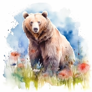 detailed watercolor clipart, photography style, beautiful bear, in a meadow, HDR, spring floral,self shadow, white background