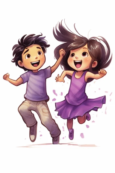 little girl with boy, boy with balck hair, girl with brown hair, tan skin, girl with purple dress, young, pretty, purple dress, happy, in love, silly, having fun, goofy, playing, white background, purple dress, simple, cartoon, children's book illustration, no background, white background, white background, bright colors, talking, cartoon image, kids book, clipart