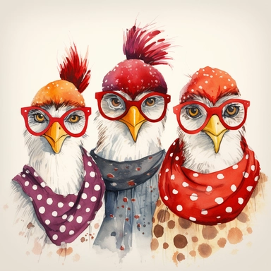 three chickens each different. one with red polka dot head scarf, one with glasses and the other with nothing all looking comically angry, clipart, illustration, colorful sketch