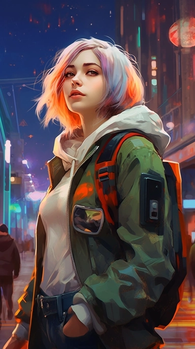 beautiful stunning pretty vintage cyberpunk anime girl, paint art style, clipart, city landscape background, superrealistic, one of a kind
