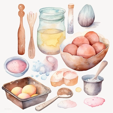 Design a watercolor clipart image of a set of baking ingredients, including flour, sugar, and eggs. Use pastel shades of pink, blue, and yellow to create a soft and inviting palette, and include plenty of texture and detail to make the ingredients look tactile and realistic, white background