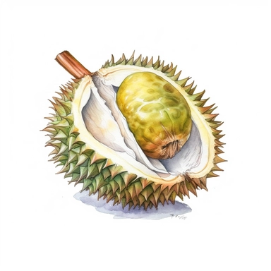 llustrate a watercolor clipart illustration of a whole durian fruit, complete with its spiky exterior and rich, watercolor, vector, contour, white background