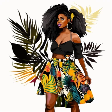 stunningly beautiful full body afican american woman clipart with voluminous big goddess loc of hair wearing a fashion nova outfit??, fashionable, isolated design, clipart image inspired by Hui Mu