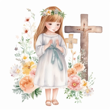 watercolour clip art of little girl dressed as holy comunion Christian symbols and dainty flowers,whole body, white back ground.
