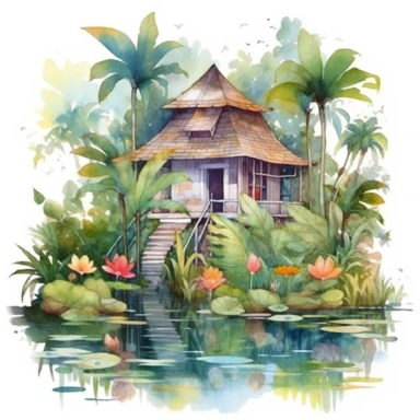 watercolor magical bungalow house in the tropical jungle with amazing garden clipart near the river, lotus plants on the water surface, peacefull, white background, 8k