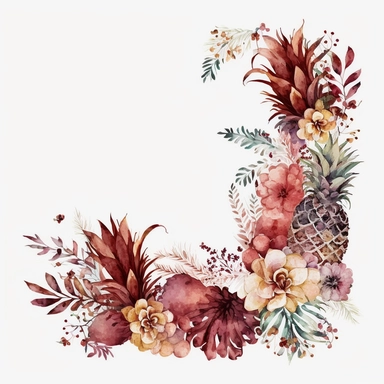 watercolor dusty burgundy floral in the far bottom left corner and far top right coner only, and pineapples in the far bottom left left corner and far up right corner only, clipart, coral, white background, no text