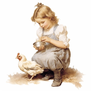 victorian vintage adorable little girl feeding chicken, full body, pastel beige colors, clipart style, accurate details, oil painting technique, super high quality, professional watercolor clipart, high resolution