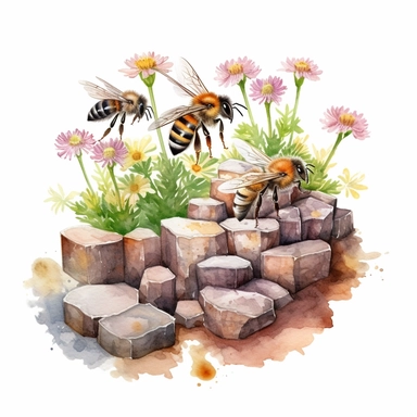 watercolor art of honey bees on flowers with rocks and dandelions, in the style of realistic and hyper-detailed renderings, sketchfab, ahmed morsi, realistic watercolor paintings, use of common materials, handcrafted designs clipart, very detailed, Cartoon,hyper realistic, intricate detail, illustration style,high solution,on the white background