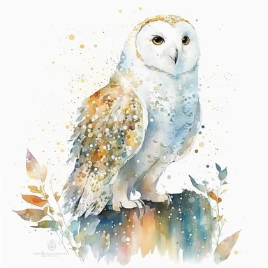 A white owl, standing on a bed of glitter, white, gold, glitter, fantasy, realistic illustration, watercolor, by Dinara Mirtalipova, by Disney, bright and airy Colors, concept art, white background , clipart
