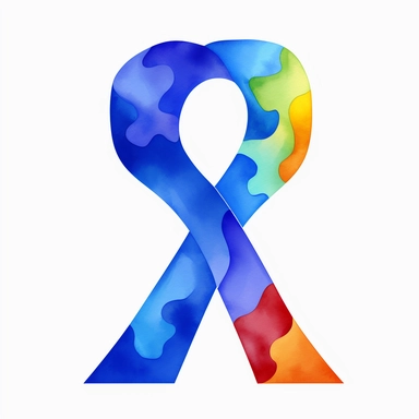 autism puzzle piece in ribbon, watercolor clipart art design marker with rainbow drip, vibrant color, white background