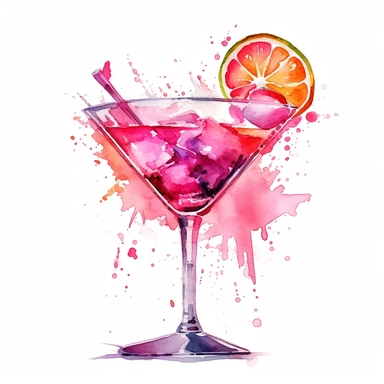 Cosmopolitan cocktail, watercolor, clipart, no title, no text, no captions, bold shapes, no shadows, white background