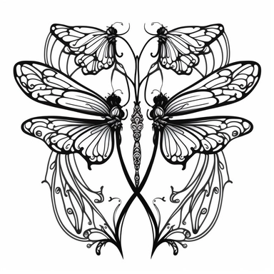 symmetrical dragonfly style fairy wings in art nouveau style, black lines, detailed, flat design, flat flowers embedded into the wings, white background, clipart style, black and white,