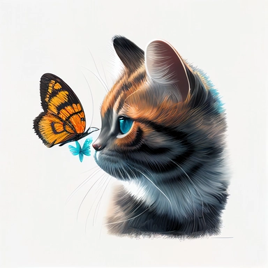 clipart style, cute cat gently touching its nose to a butterfly